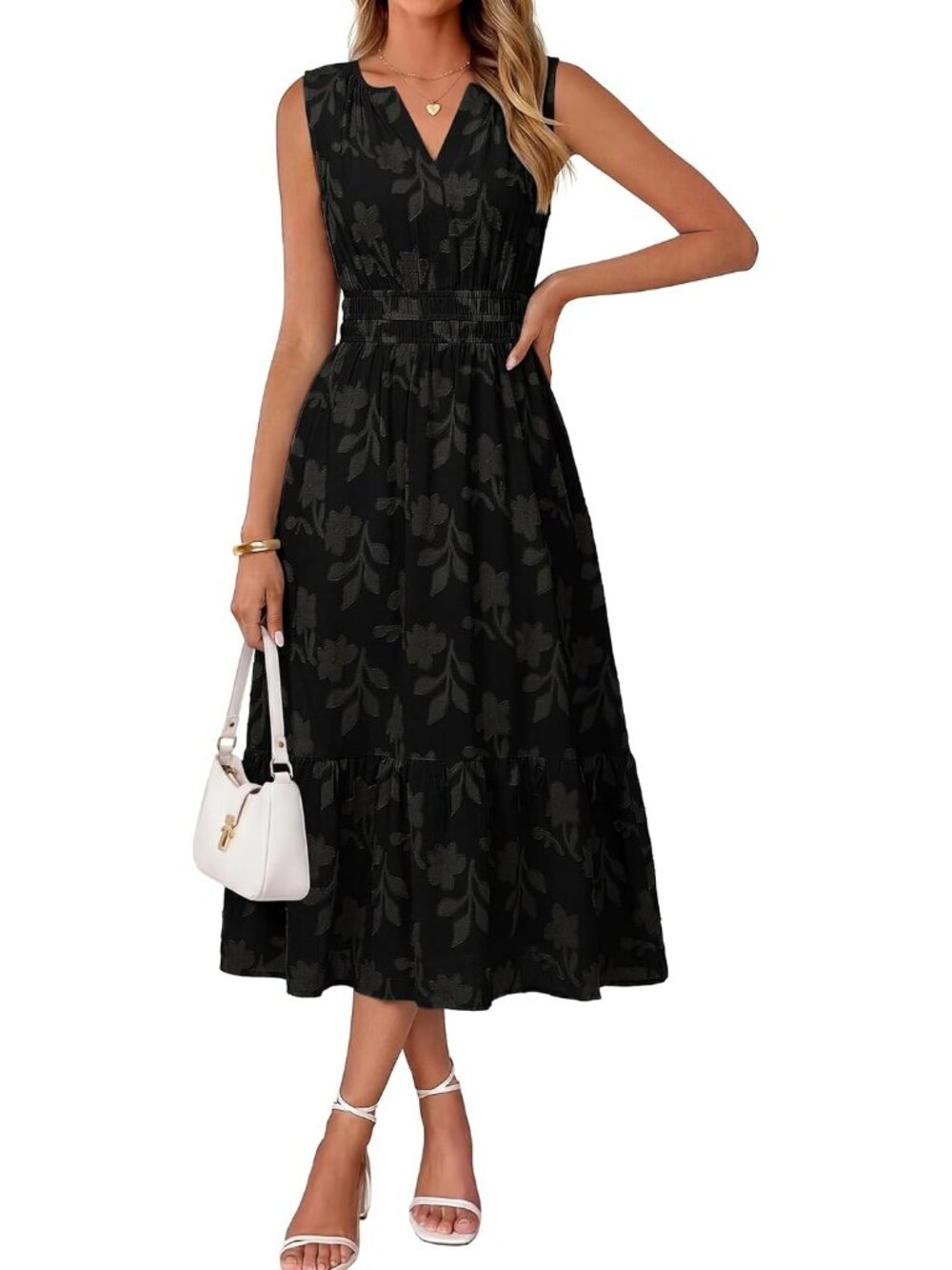 Women's Black Sleeveless V Neck A LINE Floral Casual Imported Maxi Dress